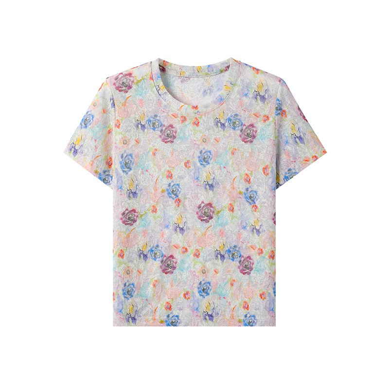 レディース トップス Tシャツ 半袖 花柄 ゆったり スリム 春夏 きれいめ おしゃれ 春 夏 膝丈 ラウンドネック 上品 クルーネック シャツ ラフ