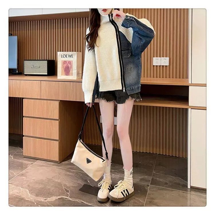 レディース ニット カーディガン コート 長袖 ゆったり デニム 秋 体型カバー 膝丈 セーター 襟付き ファスナー