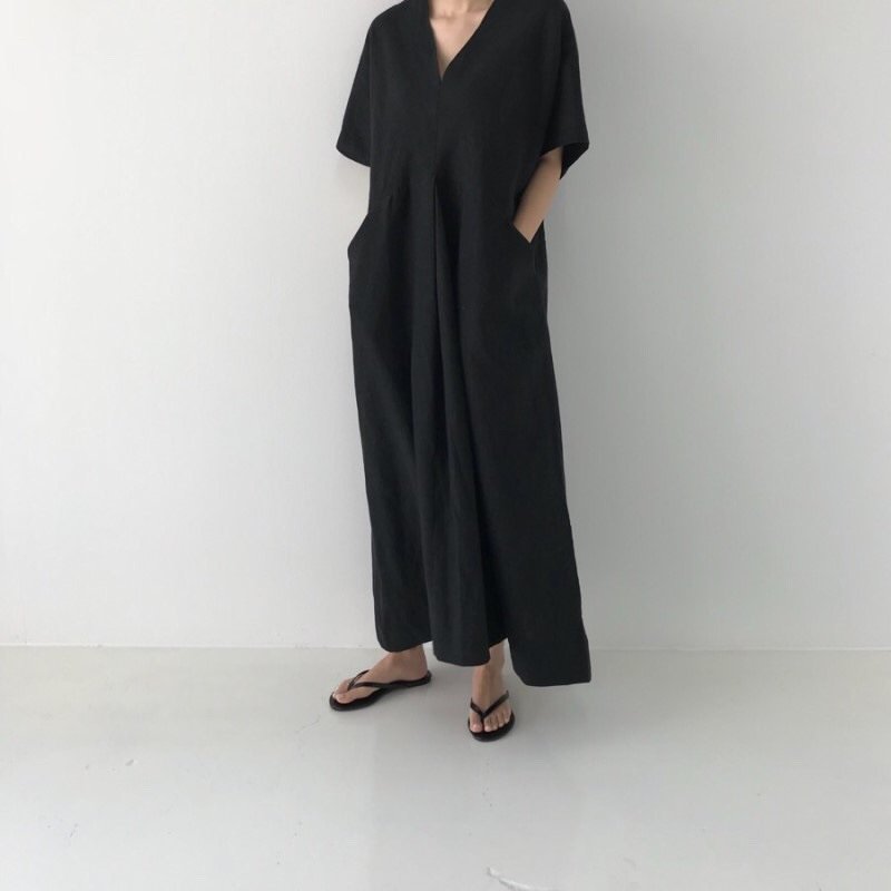 ドレス 半袖 無地 春夏 Vネック 春 夏 シンプル ロング 大きい