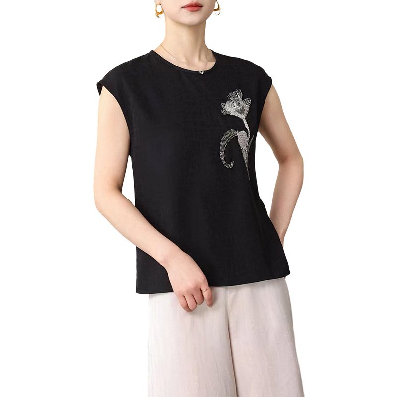 レディース シャツ トップス Tシャツ ノースリーブ ゆったり スリム 春夏 前開き 袖なし 春 夏 膝丈 ラウンドネック 切り替えデザイン ポリエステル レディースシャツ