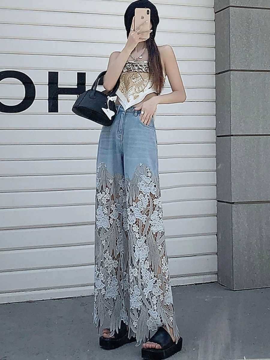 レディース パンツ ゆったり ワイド デニム 春夏 カジュアル 春 夏 レース ストレート デニムパンツ ハイウエスト ストレッチ ポリエステル