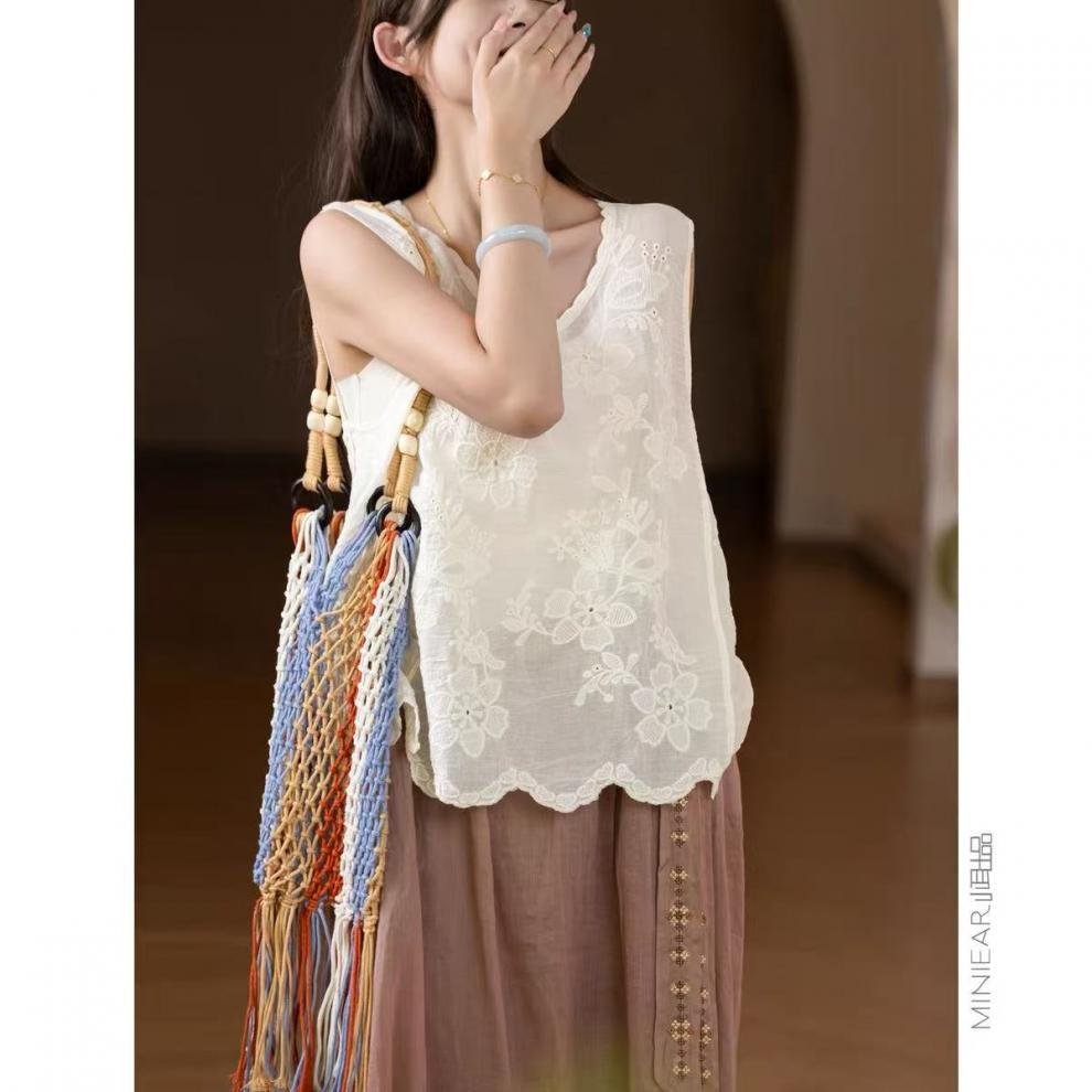 Tシャツ ノースリーブ 無地 ゆったり 春夏 きれいめ レトロ 通勤 体型カバー 春 夏 膝丈 シンプル 刺繍 シャツ ポリエステル 快適