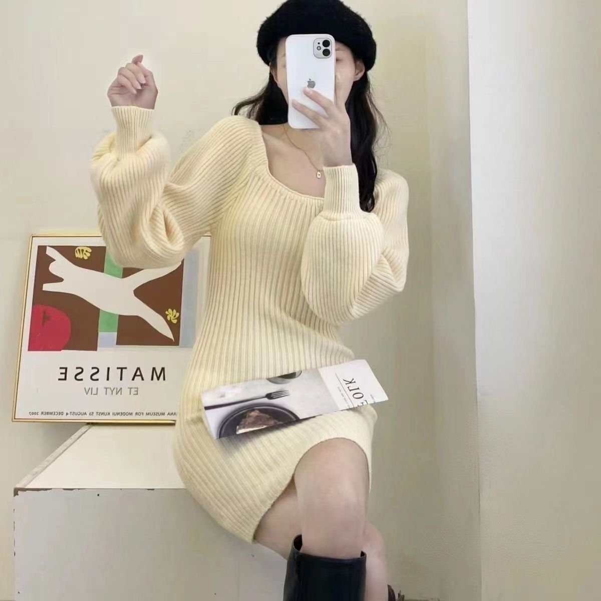 ワンピース ニット ドレス 長袖 無地 スリム 秋 冬 きれいめ シンプル タイト 上品 ハイウエスト レッド セクシー