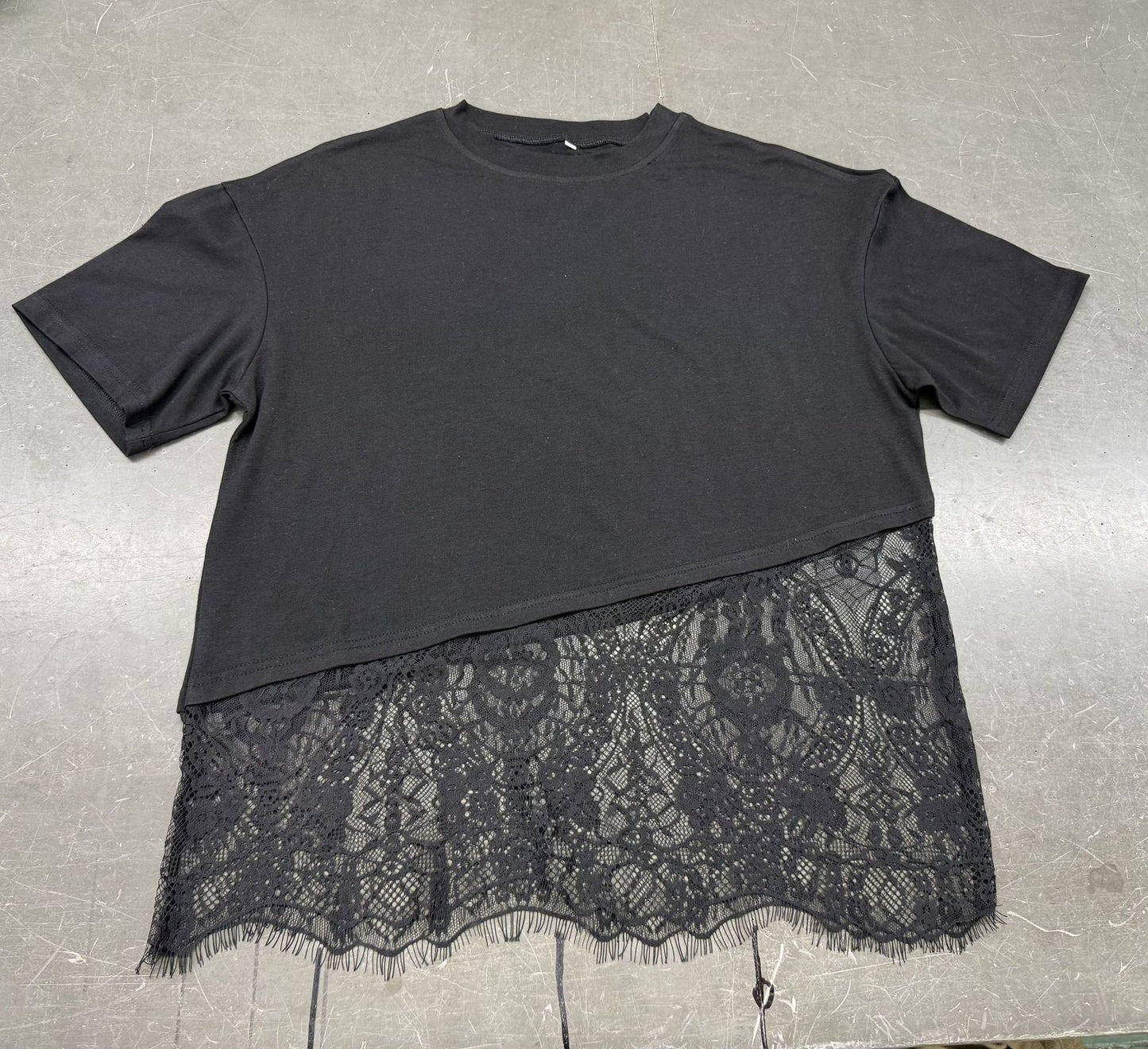 レディース Tシャツ 半袖 ボーダー ストライプ ゆったり 春夏 春 夏 ラウンドネック レース シャツ 切り替えデザイン レギュラー 丸首