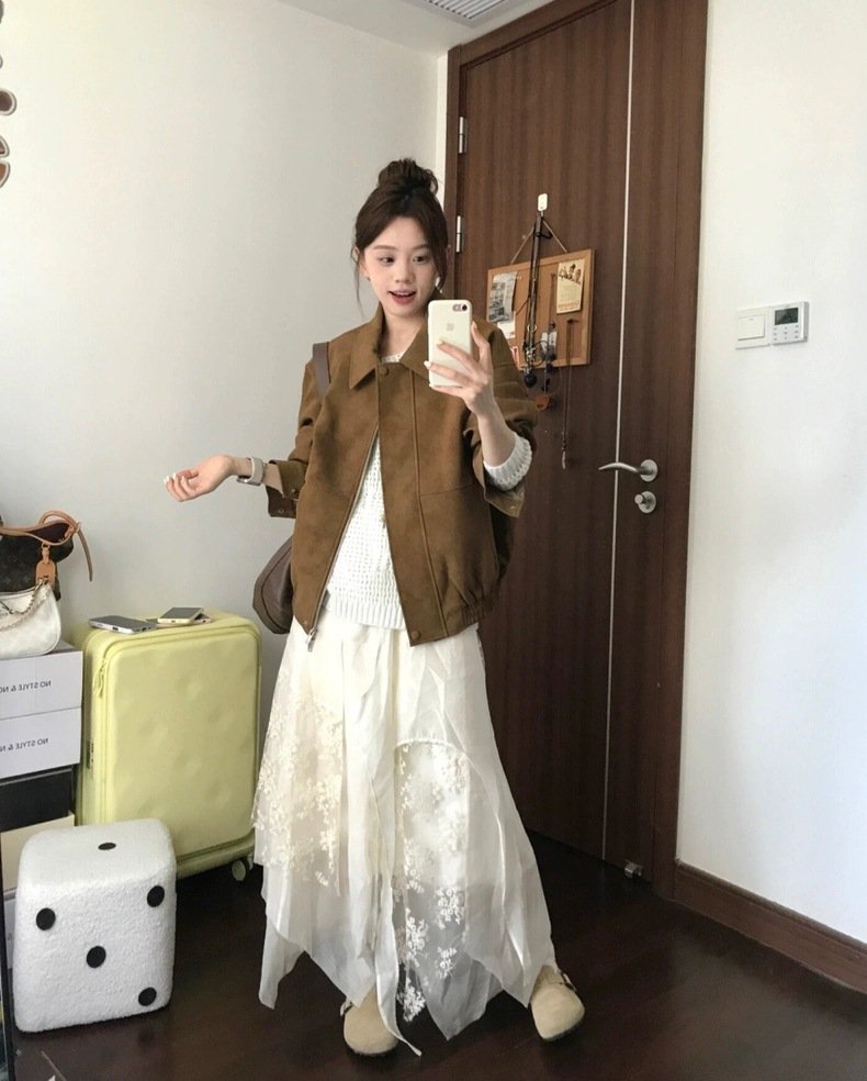 ジャケット 長袖 ゆったり 春夏 カジュアル 体型カバー 春 夏 膝丈 ブラウン 厚手 襟付き ヴィンテージ