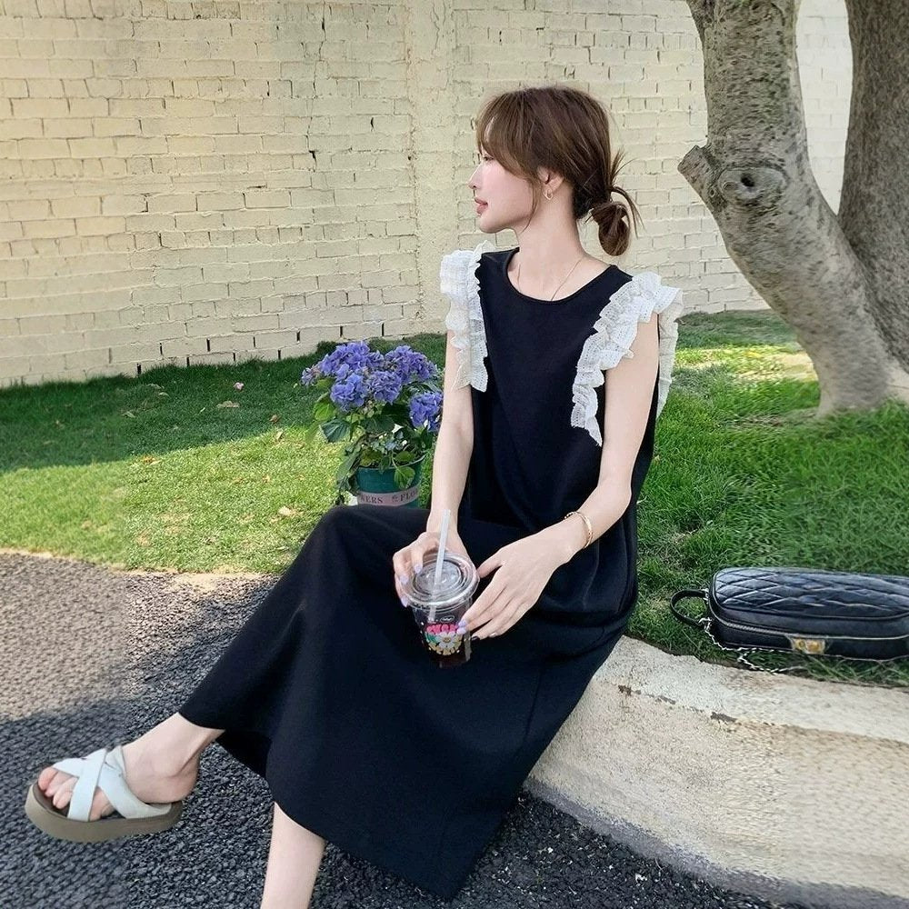 ワンピース ノースリーブ 無地 スリム 春夏 きれいめ 通勤 袖なし 春 レース 夏 ラウンドネック シンプル ロング タイト フリル 大きい 切り替えデザイン 細身 Aライン