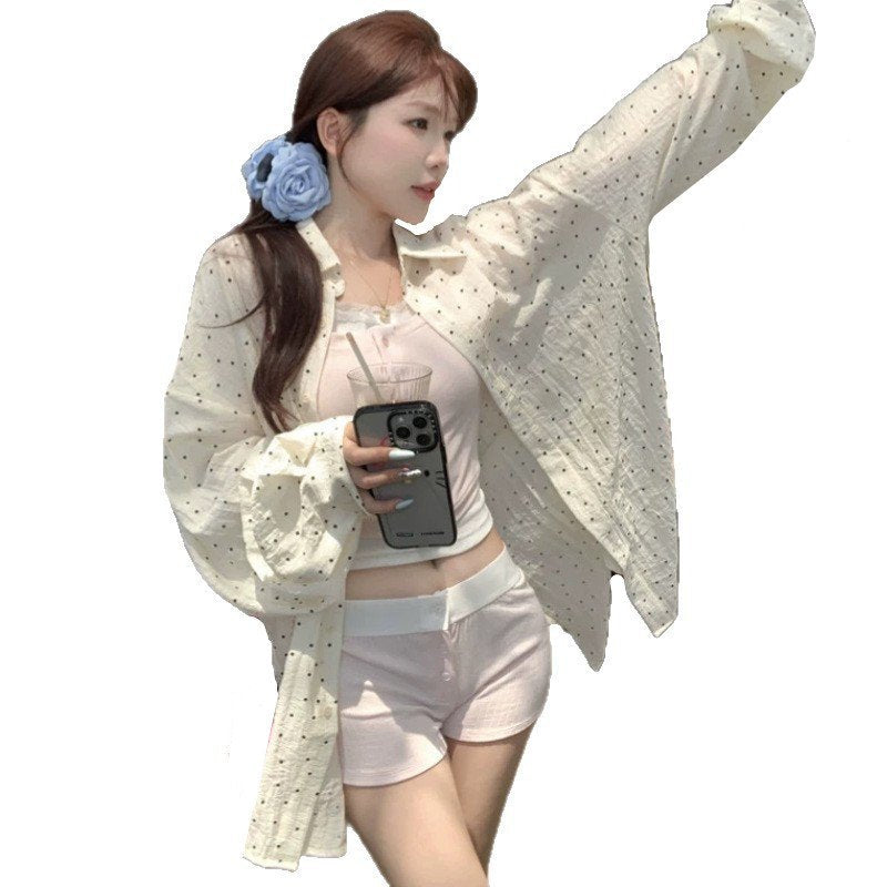 レディース シャツ トップス ジャケット 長袖 ドット柄 ゆったり 春夏 カジュアル 体型カバー 韓国風 前開き 春 夏 ホワイト 薄手 襟付き レギュラー ボタン ポリエステル UVカット ドット