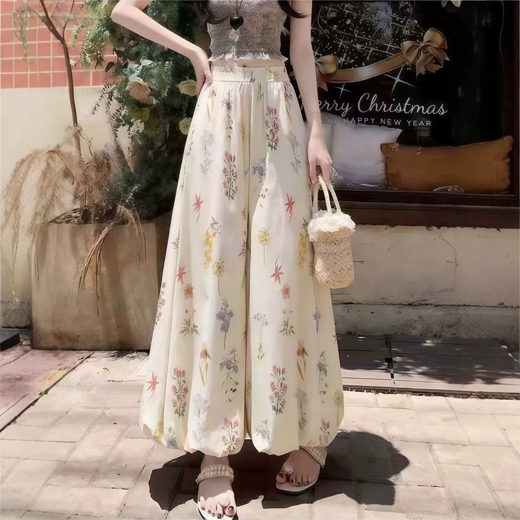 レディース パンツ 花柄 プリント ゆったり ワイド 春夏 カジュアル 春 夏 フラワー ロング ワイドパンツ ドレープ バルーン ハイウエスト ベーシック ポリエステル UVカット