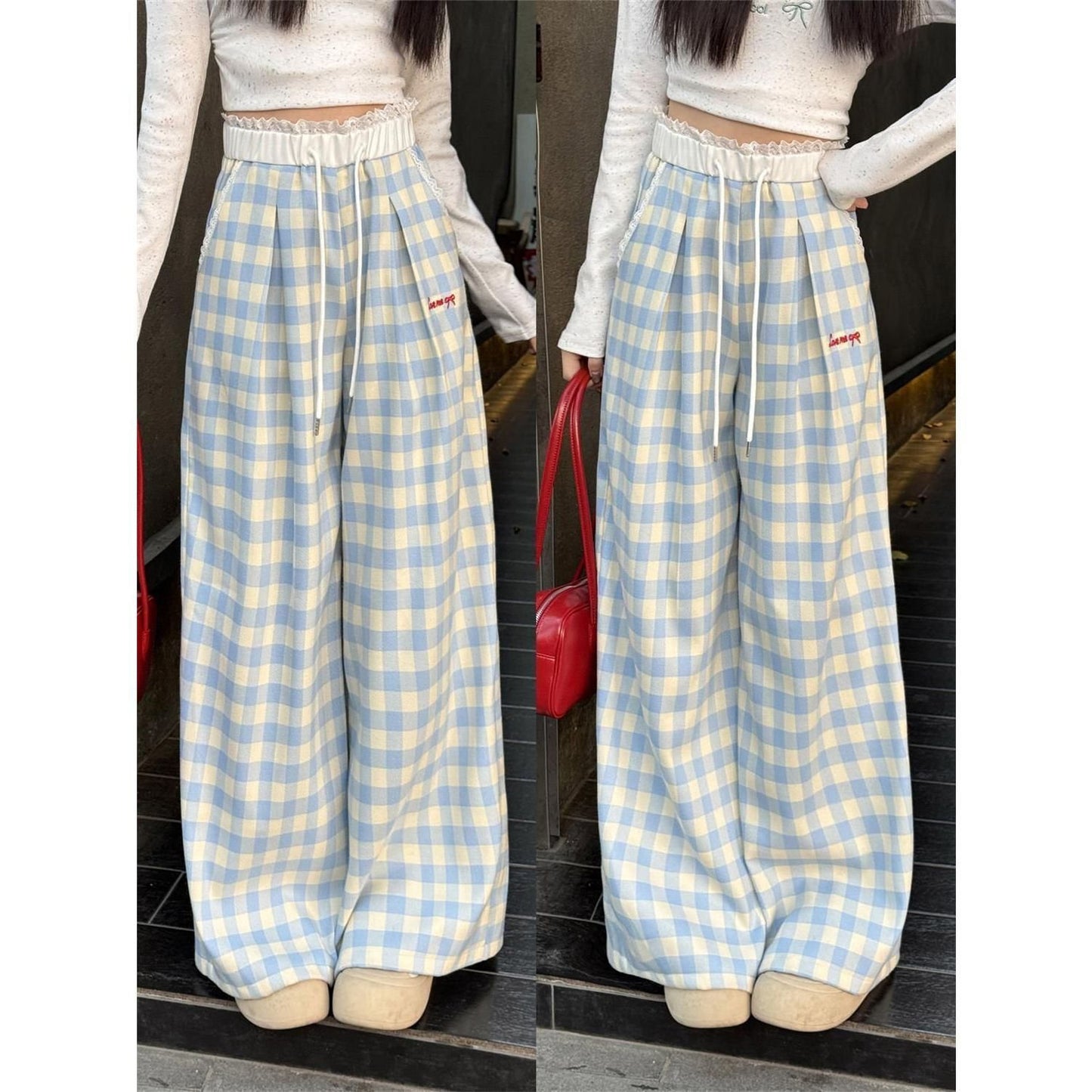 レディース パンツ チェック柄 ゆったり ワイド 春夏 カジュアル 春 夏 レース ロング ストレート ロングパンツ ワイドパンツ 薄手 切り替えデザイン ブルー ハイウエスト ポリエステル
