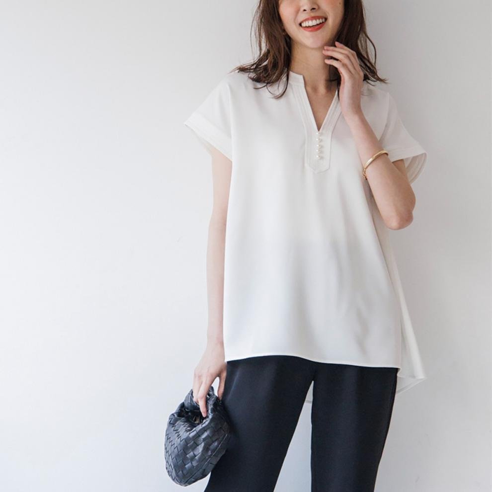 レディース シャツ Tシャツ 半袖 無地 ゆったり 夏 きれいめ 通勤 体型カバー 春夏 前開き Vネック シンプル 上品 サテン