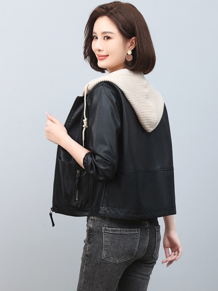 レディース ジャケット 長袖 ゆったり スリム カジュアル 体型カバー ショート 膝丈 ラウンドネック レザー フード レザージャケット