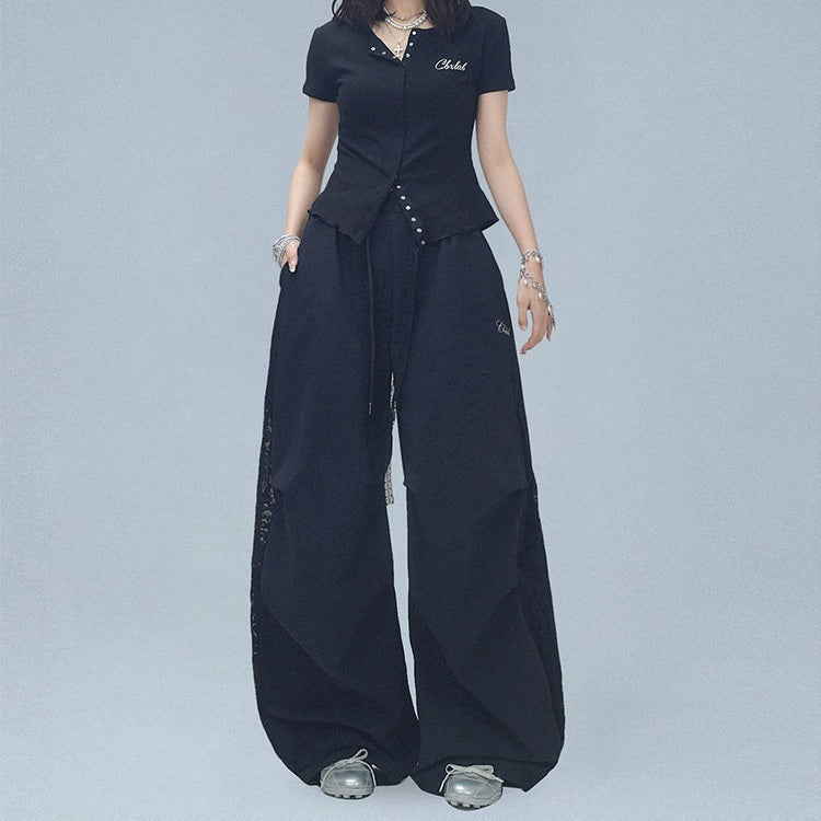 レディース パンツ ボトムス ロングパンツ ワイドパンツ アシンメトリー 丈長 フルレングス 切り替え ドッキング フェミニン ストリート レース 刺繍 かわいい 大人可愛い おしゃれ かっこいい ガーリー 個性的 クール ヴィンテージ ラブリー キュート クラシカル アクティブ ロマンティック ナチュラル 春 秋 お出かけ イベント 休日 ショッピング 発表会 楽ちん 体型カバー 脚長 着回し 流行 インスタ映え ダンス S M L XL 2XL 小さいサイズ 大きいサイズ 白 ホワイト 黒 ブラック
