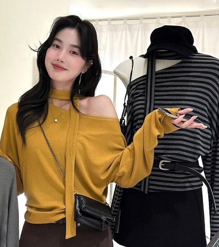 レディース トップス カットソー ショート 長袖 ワンショルダー ストレート 薄手 かわいい 大人可愛い きれいめ シンプル カジュアル おしゃれ かっこいい エキゾチック こなれ感 個性的 主役級 存在感 抜け感 都会的 無地 ボーダー 春 秋 ロングシーズン ママ デート お出かけ イベント 女子会 重ね着 韓国 オルチャン 体型カバー 美脚 脚長 普段使い 着回し インスタ映え お食事会 M L XL 2XL 3XL 4XL 大きいサイズ 黒 黄色 赤 青