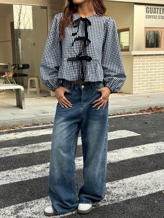 レディース トップス Tシャツ 長袖 ボーダー ストライプ チェック柄 ゆったり 春夏 カジュアル 体型カバー 春 ショート 夏 ラウンドネック シャツ エレガント 蝶 ポリエステル