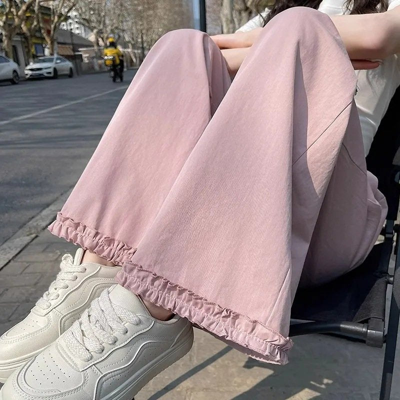 レディース パンツ 無地 ゆったり ワイド 春夏 カジュアル 春 夏 シンプル ロング フリル ワイドパンツ 切り替えデザイン ドレープ ウエストゴム ポリエステル