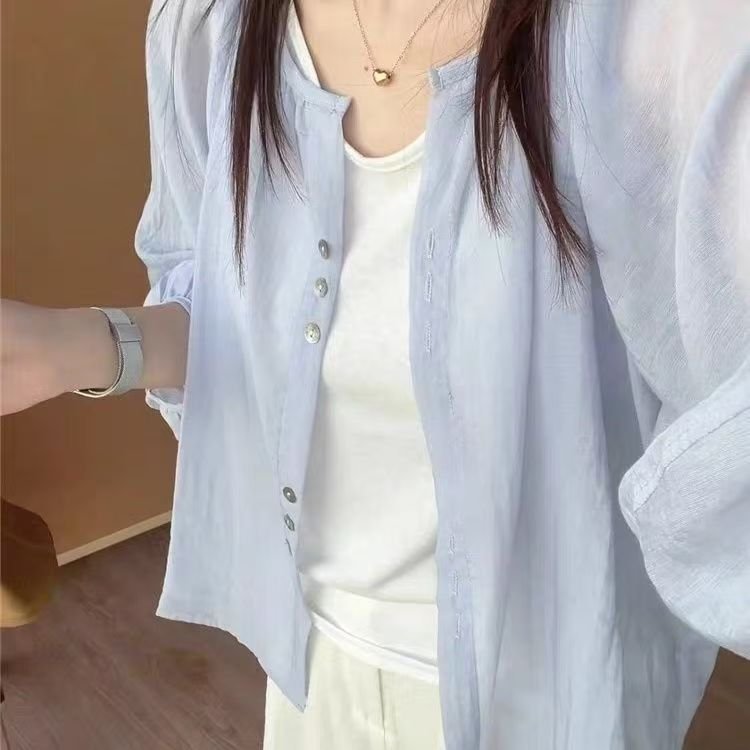 レディース シャツ カーディガン 長袖 ゆったり 春夏 カジュアル 通勤 体型カバー 重ね着 前開き 春 夏 ラウンドネック コーデ シフォン レギュラー ポリエステル UVカット