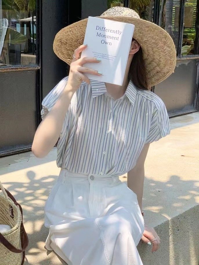レディース シャツ トップス 半袖 ボーダー ストライプ 春夏 きれいめ 前開き Vネック 春 夏 上品 ブルー タイ ボタン