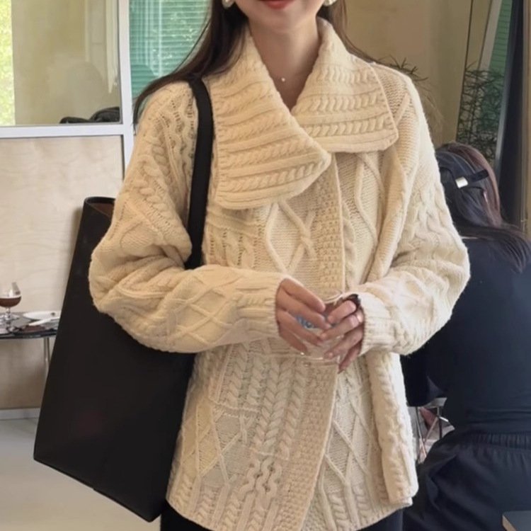 レディース ニット カーディガン 長袖 無地 ゆったり 秋冬 秋 カジュアル 体型カバー 膝丈 シンプル 冬 厚手 セーター 襟付き ポリエステル