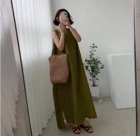 ドレス ノースリーブ 無地 春夏 きれいめ 袖なし 春 夏 ラウンドネック シンプル ロング 上品