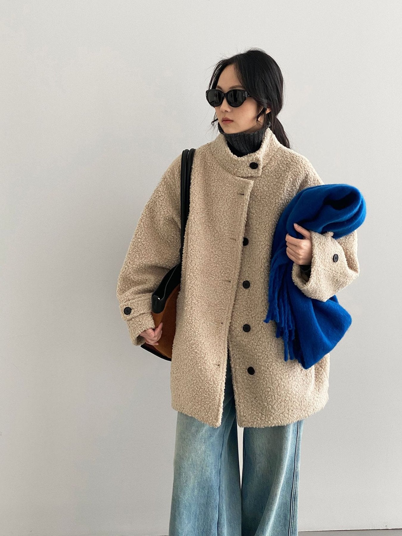 レディース コート ジャケット 長袖 無地 ゆったり 秋冬 秋 カジュアル 体型カバー 膝丈 シンプル 冬 ハイネック ウール 厚手 スタンドカラー タイ アウター ボタン ポリエステル 立ち襟