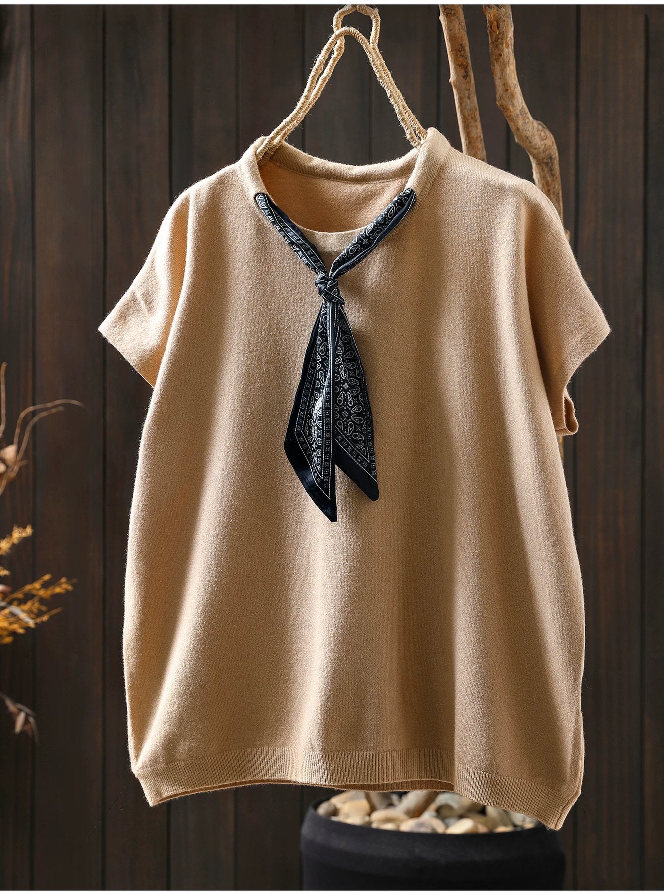 トップス Tシャツ ニット ノースリーブ ゆったり コットン 綿 秋冬 秋 体型カバー 袖なし ラウンドネック 冬 シャツ スカーフ インナー