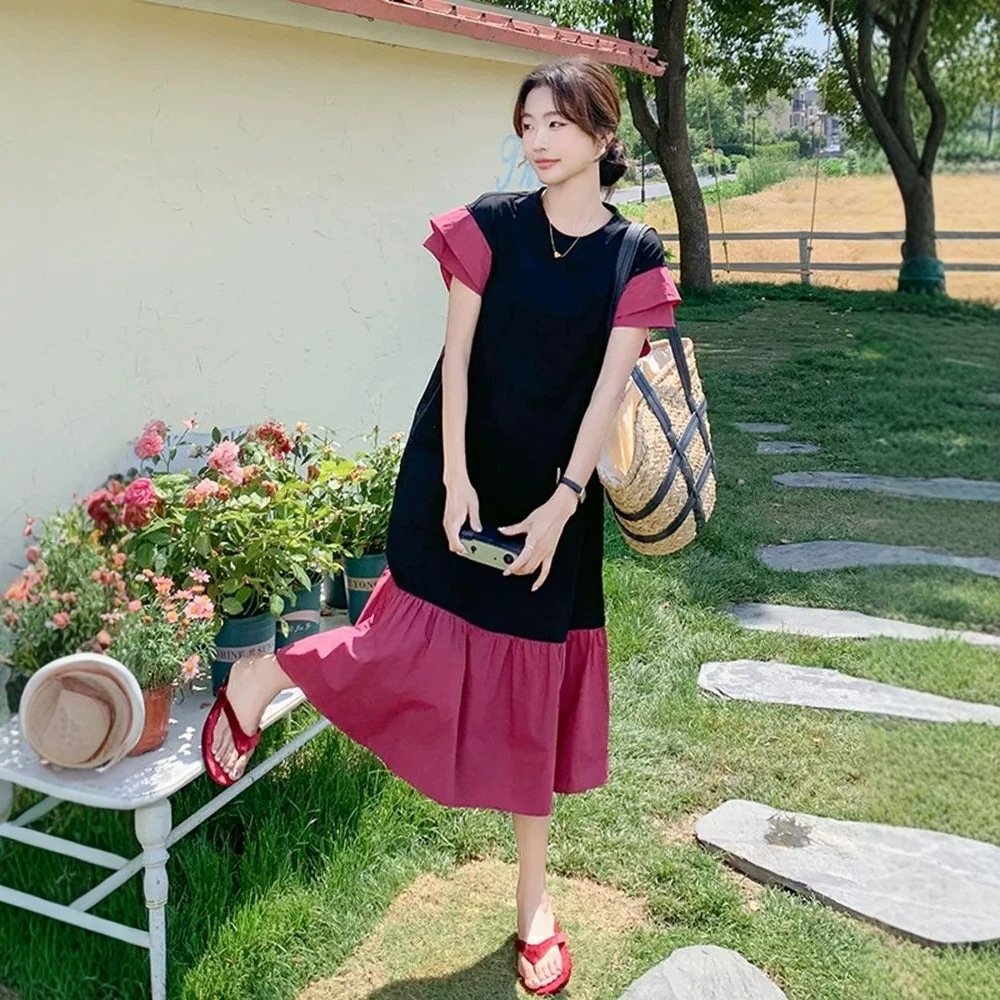 ワンピース ドレス 半袖 無地 春夏 きれいめ 通勤 春 夏 ラウンドネック シンプル ロング タイト 大きい フレア フレンチスリーブ 切り替えデザイン 細身 Aライン