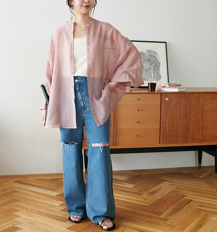 シャツ 長袖 春夏 きれいめ 前開き Vネック 春 夏 上品 薄手 タイ シアー アウター ポリエステル 柔らかい