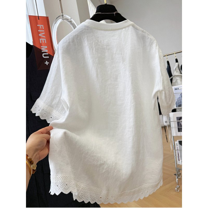 レディース トップス Tシャツ 半袖 プリント ゆったり リネン 春夏 カジュアル きれいめ 春 夏 膝丈 ラウンドネック レース 上品 シャツ 薄手