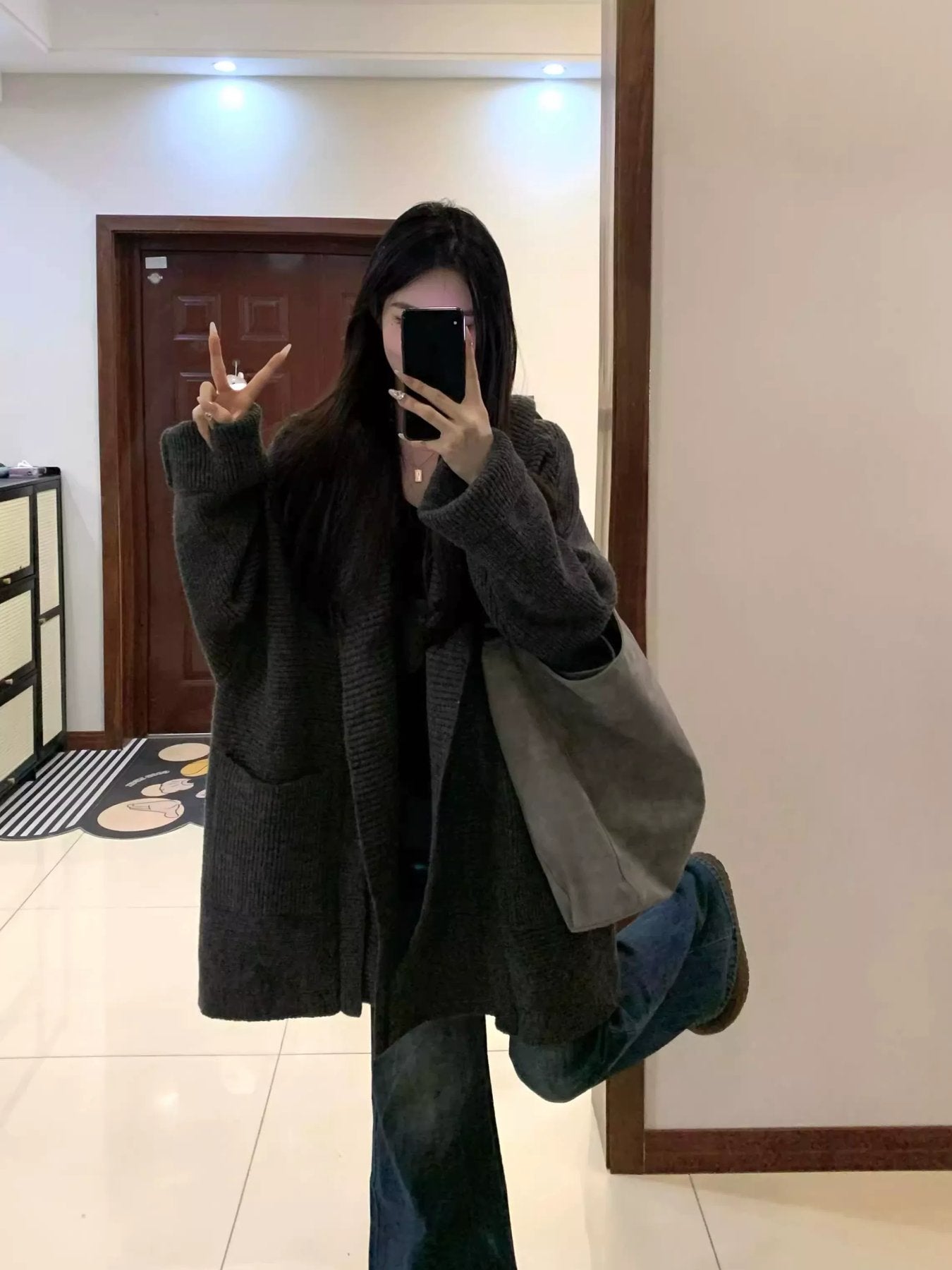 レディース ニット カーディガン コート 長袖 ゆったり 秋冬 秋 きれいめ 通勤 オフィス 体型カバー Vネック 膝丈 冬 グレー 厚手 セーター 襟付き フード ポリエステル