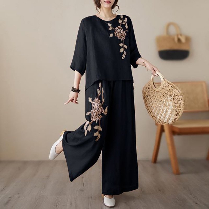 レディース コットン 綿 麻 春夏 きれいめ 通勤 オフィス 春 夏 秋 刺繍 ロング セットアップ