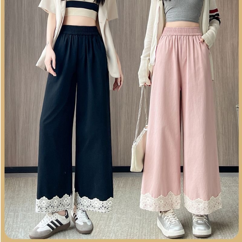レディース パンツ ゆったり ワイド 春夏 カジュアル 春 夏 レース ストレートパンツ ストレート おしゃれ ハイウエスト ポリエステル 着痩せ