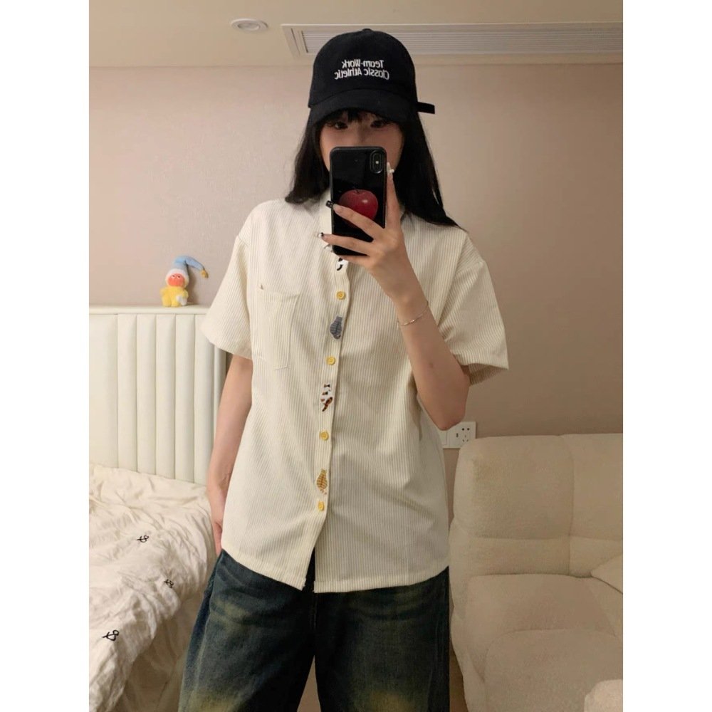 レディース ブラウス シャツ トップス 半袖 ボーダー ストライプ チェック柄 アニマル柄 ゆったり コットン 綿 春夏 カジュアル 前開き 春 夏 膝丈 シンプル 刺繍 カップル 切り替えデザイン イエロー 襟付き ボタン ポリエステル