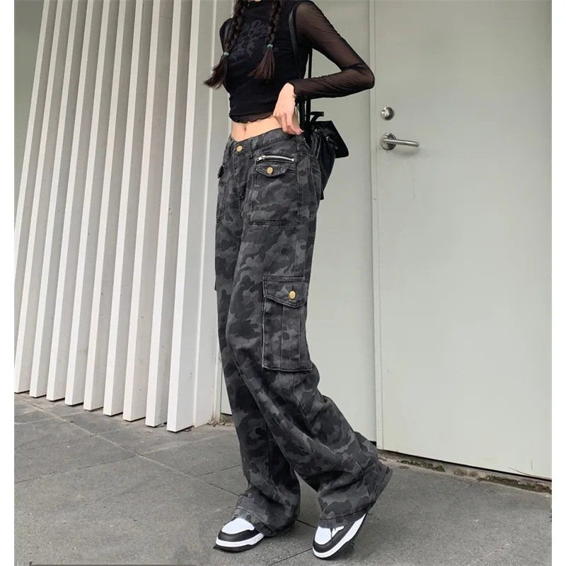 レディース パンツ ゆったり ワイド 春夏 アメリカン 春 夏 スリム ストレート ハイウエスト 迷彩