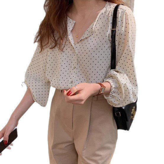 レディース シャツ トップス 長袖 ゆったり 春夏 カジュアル きれいめ レトロ 前開き 春 夏 膝丈 ラウンドネック 上品 水玉 切り替えデザイン ポリエステル