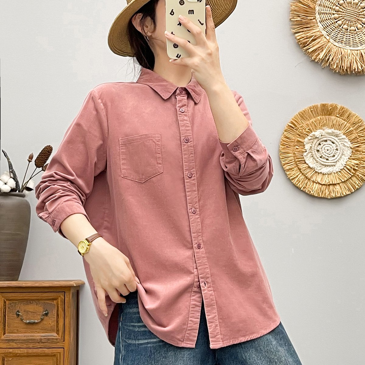レディース シャツ 長袖 無地 ゆったり コットン 綿 春夏 レトロ 前開き 春 夏 膝丈 シンプル 刺繍 コーデ コーデュロイ ポケット
