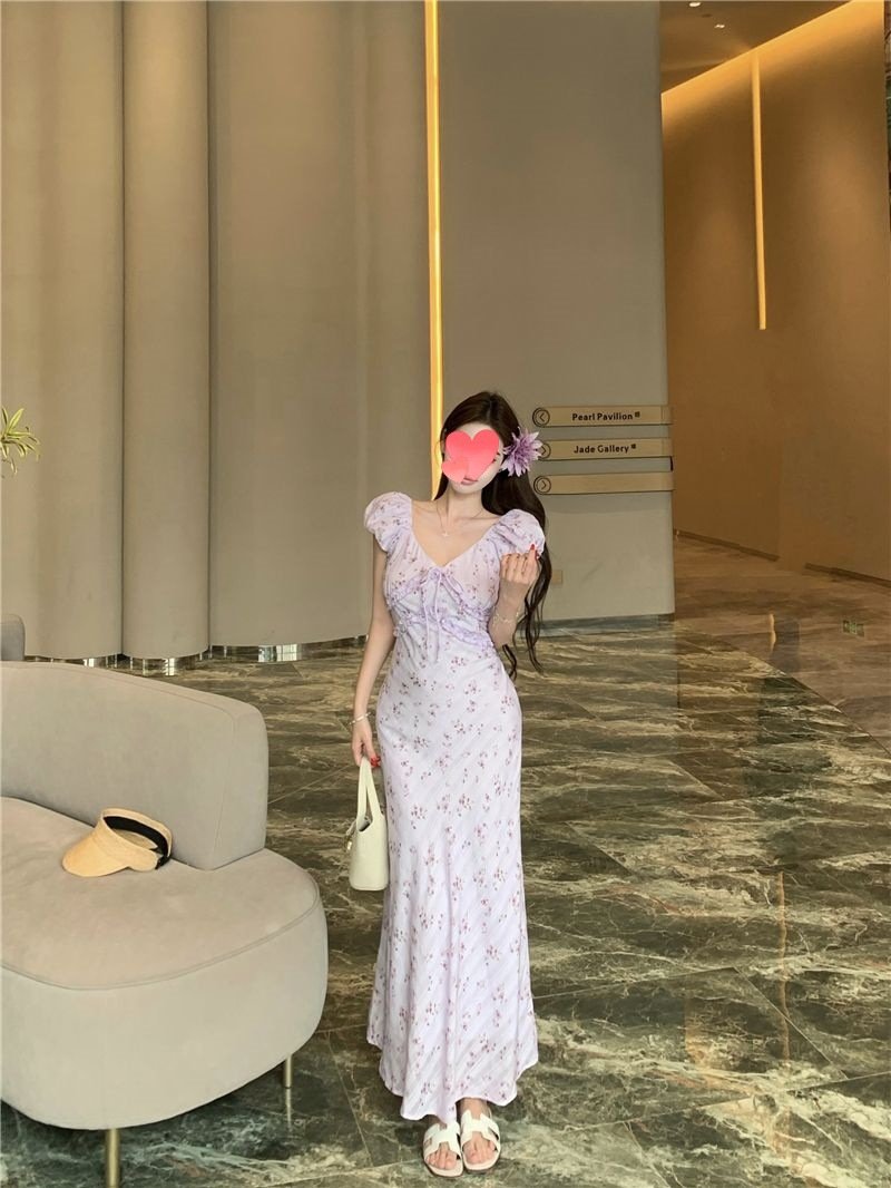 ワンピース ドレス ノースリーブ 花柄 スリム 春夏 ミニ 袖なし Vネック 可愛い 春 フラワー 夏 リゾート ロング Aライン