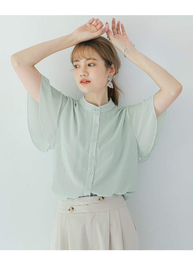 レディース ブラウス シャツ 半袖 無地 ゆったり 夏 きれいめ 通勤 春夏 前開き Vネック シンプル 上品 シフォン 切り替えデザイン シフォンブラウス ポリエステル 立ち襟