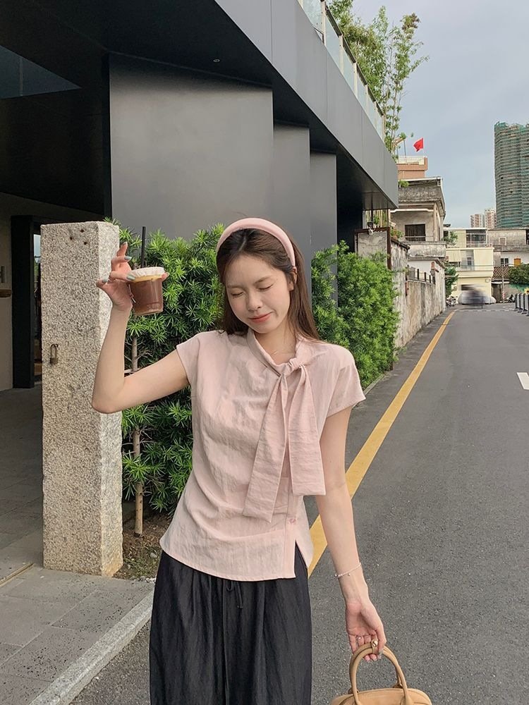 レディース シャツ トップス Tシャツ 半袖 ボーダー ストライプ 春夏 カジュアル 韓国風 前開き プリーツ 春 夏 タイト フリル Aライン リボン 切り替えデザイン タイ レギュラー ポリエステル