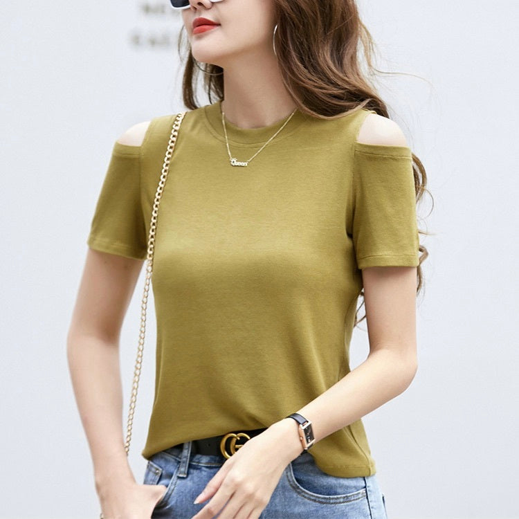 レディース トップス カットソー プルオーバー Tシャツ 半袖 クルーネック オフショルダー スマート フェミニン ストリート お腹見せ かわいい 大人可愛い きれいめ シンプル カジュアル おしゃれ かっこいい こなれ感 ラフ ガーリー クール キュート ベーシック アメリカン アクティブ ナチュラル 無地 夏 お出かけ イベント 楽ちん 普段使い 着回し 流行 定番 S M L XL 2XL 3XL 白 ホワイト 黒 ブラック 茶色 ブラウン グレー 黄色 イエロー ベーシックカラー 大人カラー