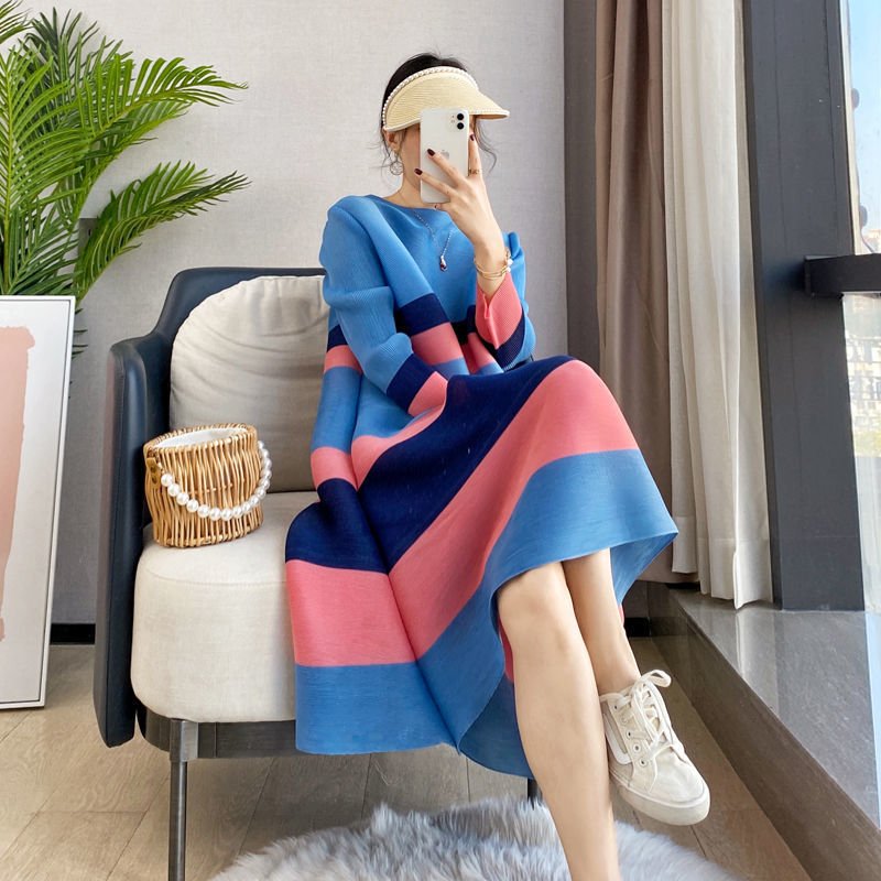 ワンピース ドレス 春夏 きれいめ 通勤 プリーツ 春 夏 ラウンドネック シンプル ロング 大きい Aライン ハイウエスト セクシー