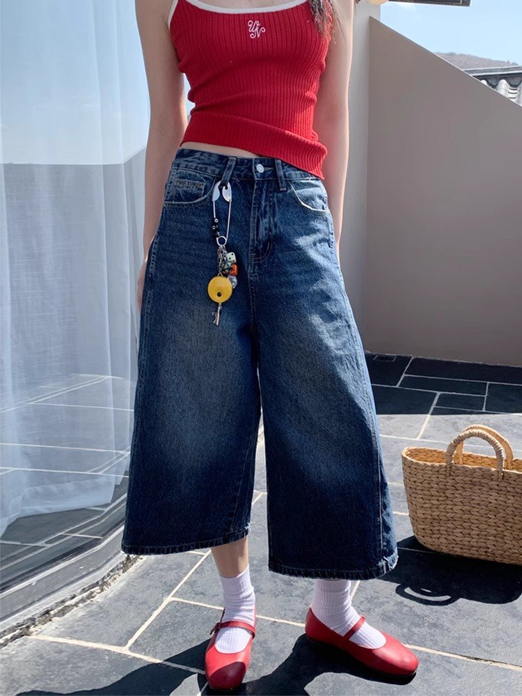 レディース パンツ ゆったり スリム コットン 綿 デニム 春夏 カジュアル アメリカン 春 夏 ストレート 切り替えデザイン デニムパンツ ハイウエスト ヴィンテージ ポリエステル