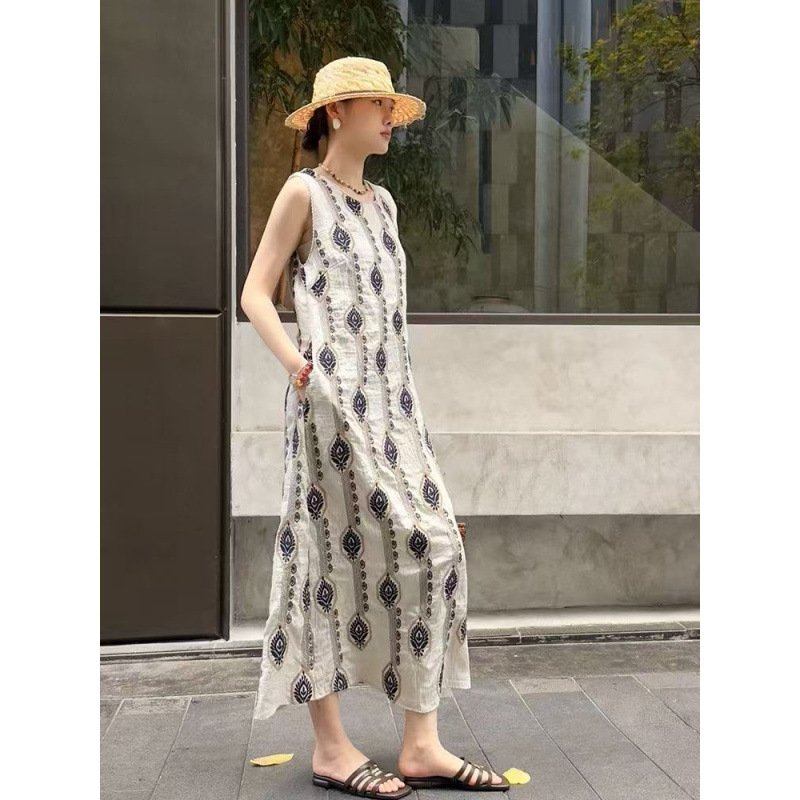 ワンピース ノースリーブ 春夏 きれいめ 袖なし 春 夏 ラウンドネック ロング 上品 クール