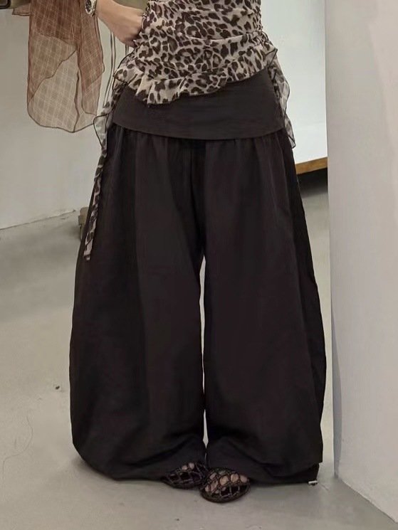 レディース パンツ ゆったり ワイド 春夏 カジュアル 春 2WAY 夏 ロング ブラウン ロングパンツ ハイウエスト 都会的 ポリエステル