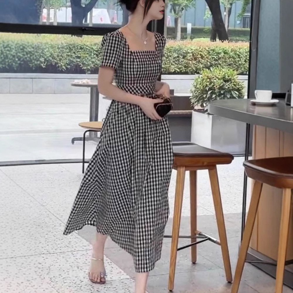 ワンピース 半袖 ボーダー ストライプ チェック柄 夏 春夏 スクエアネック ロング 切り替えデザイン