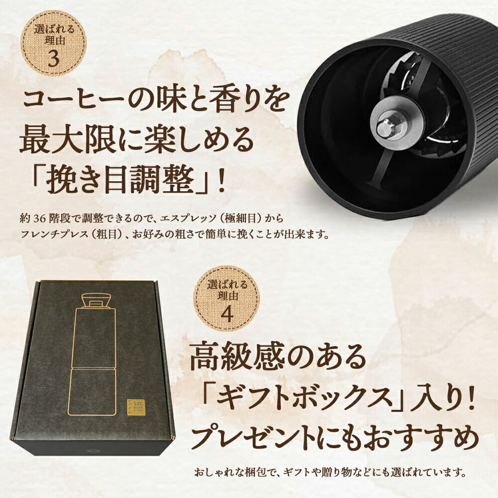 コーヒーミル手動タイムモアC2ブラックブラシ・収納袋付き容量20g日本語取説国内修理交換1年保証手挽きステンレスキャンプアウトドアギフトボックス珈琲ミル