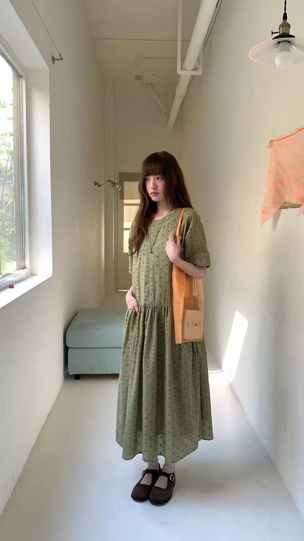 ワンピース 半袖 春夏 カジュアル きれいめ レトロ 体型カバー 通勤 春 夏 ラウンドネック ドット ロング Aライン