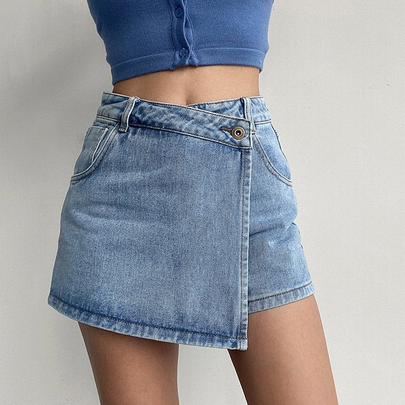 レディース パンツ スカート コットン 綿 デニム 春夏 春 ショート 夏 ショートパンツ Aライン ハイウエスト タイ ポリエステル 細見え