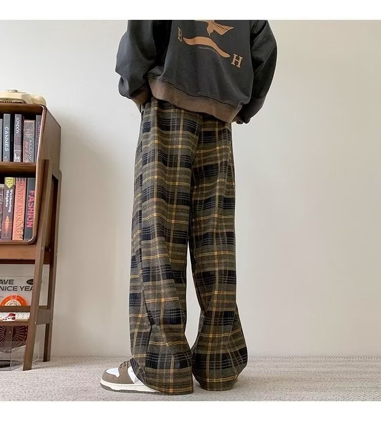 パンツ チェック柄 ワイド 春 秋冬 カジュアル 秋 冬 ストレート ヴィンテージ ポリエステル