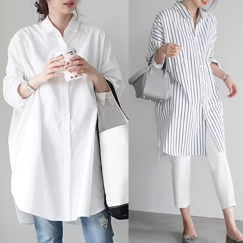 レディース シャツ 長袖 無地 ゆったり 春 きれいめ 通勤 体型カバー 春夏 前開き シンプル 上品 ロング 襟付き