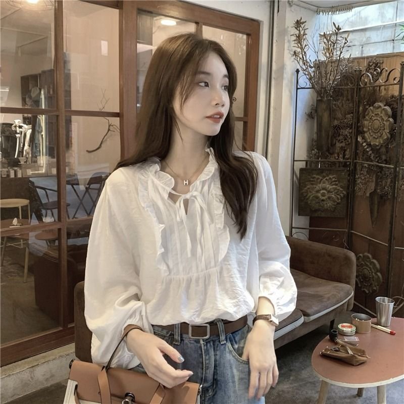 レディース ブラウス シャツ 長袖 春夏 カジュアル きれいめ おしゃれ 韓国風 前開き Vネック 春 夏 膝丈 上品 シフォン パフスリーブ シフォンブラウス ポリエステル